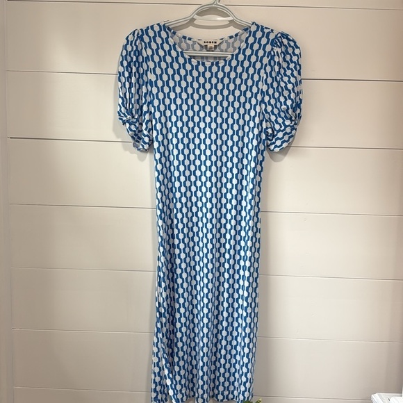 Boden Blue White Knot Detail Jersey Geometric Knee Length Tie Waist Dress Size 4 - Picture 10 of 13